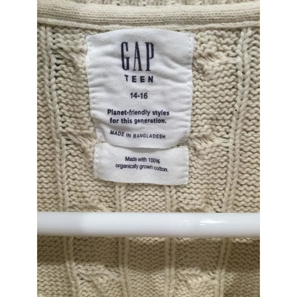 Gap Kids Fisherman Sweater Girl 14 16 Chunk Cable Knit Ivory Prep Organic Cotton